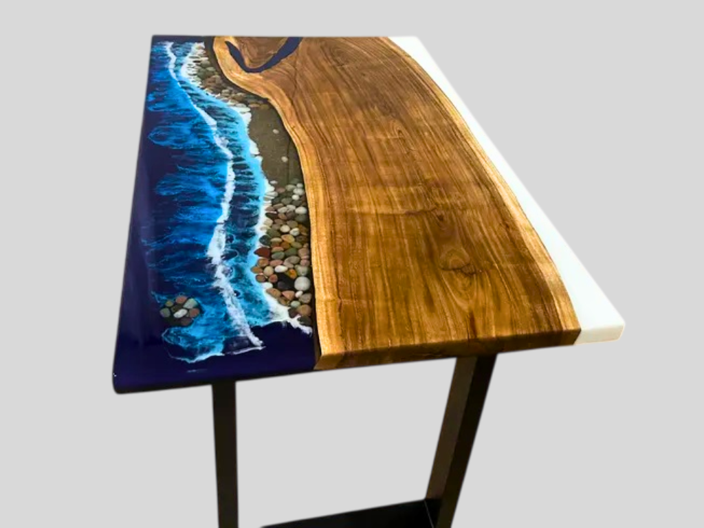 White & Blue Ocean-Inspired Epoxy Resin Acacia Wood Dining Table Custom Made